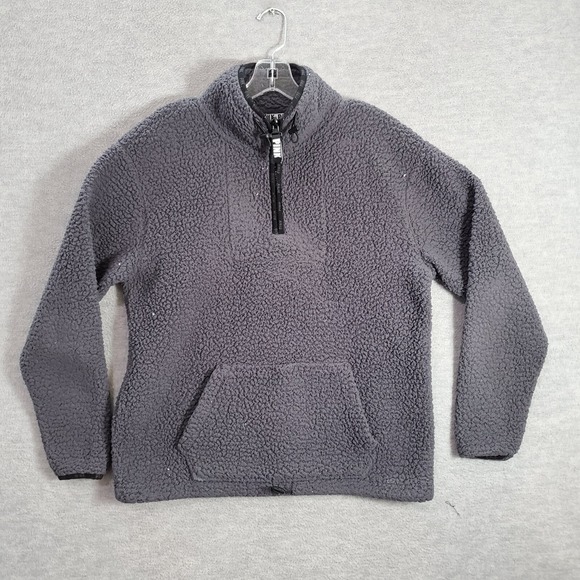 PINK Victoria's Secret Women Jacket Small Gray Sherpa Teddy 1/4 Zip Pullover - Picture 1 of 8